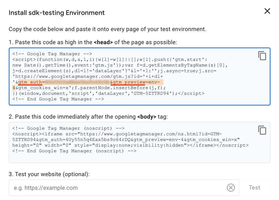 Auth token and Environment ID fields in GTM snippet