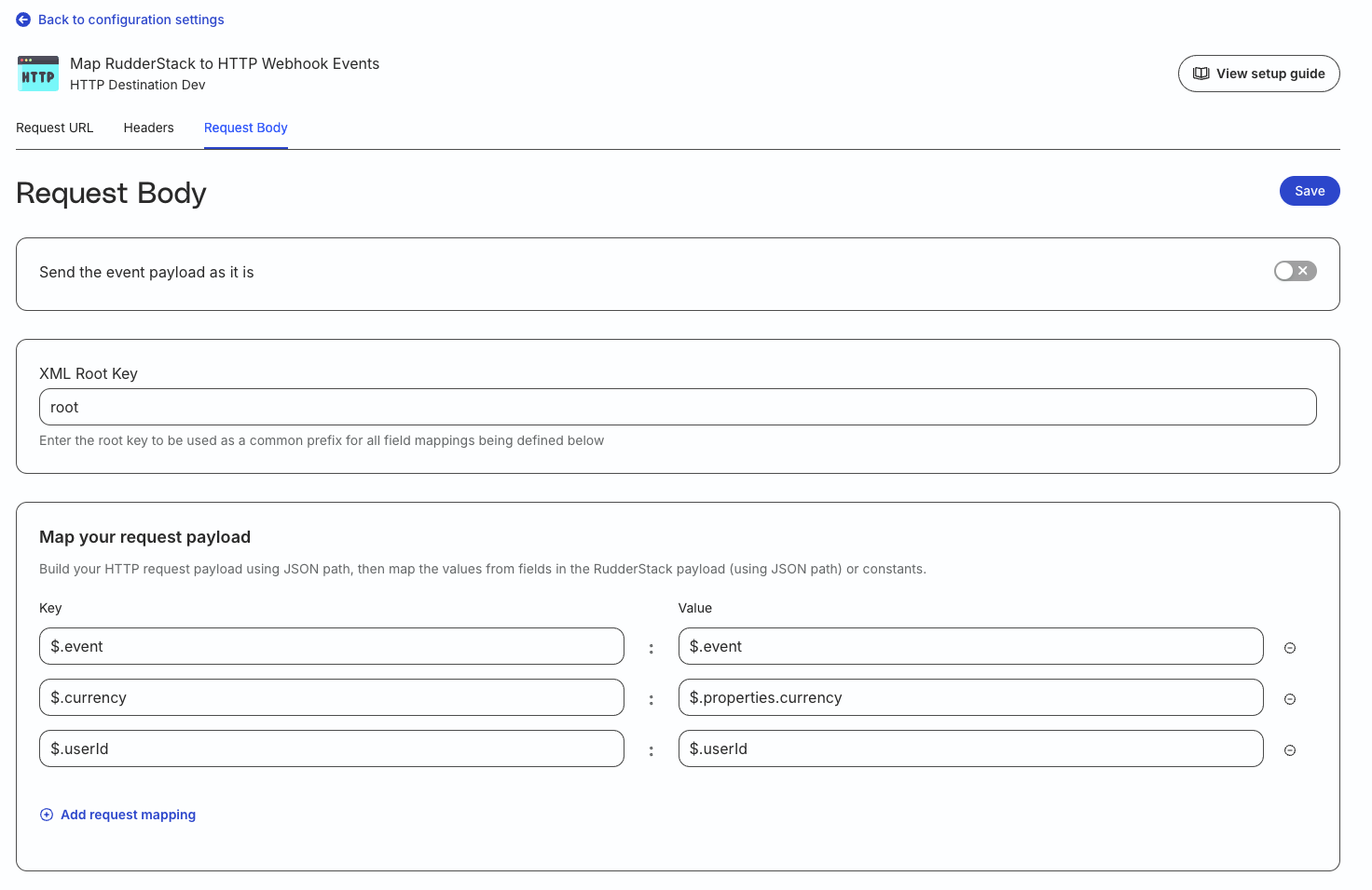 HTTP request body configuration for XML body format