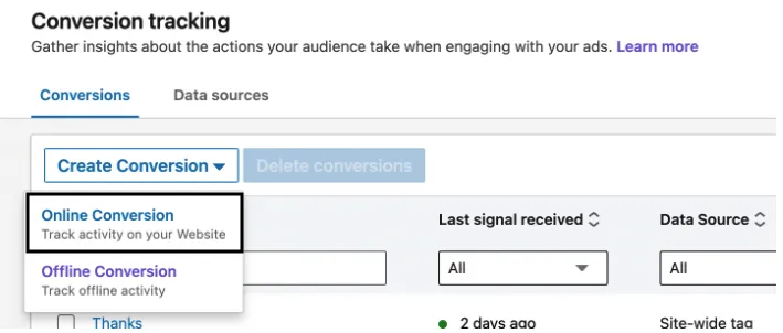 LinkedIn Insight online conversion option