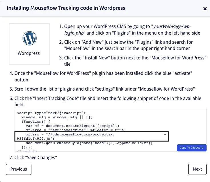 Mouseflow website ID Wordpress