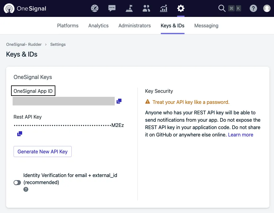 OneSignal license code and API key