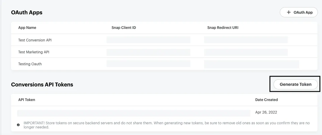 Snap Conversions API token