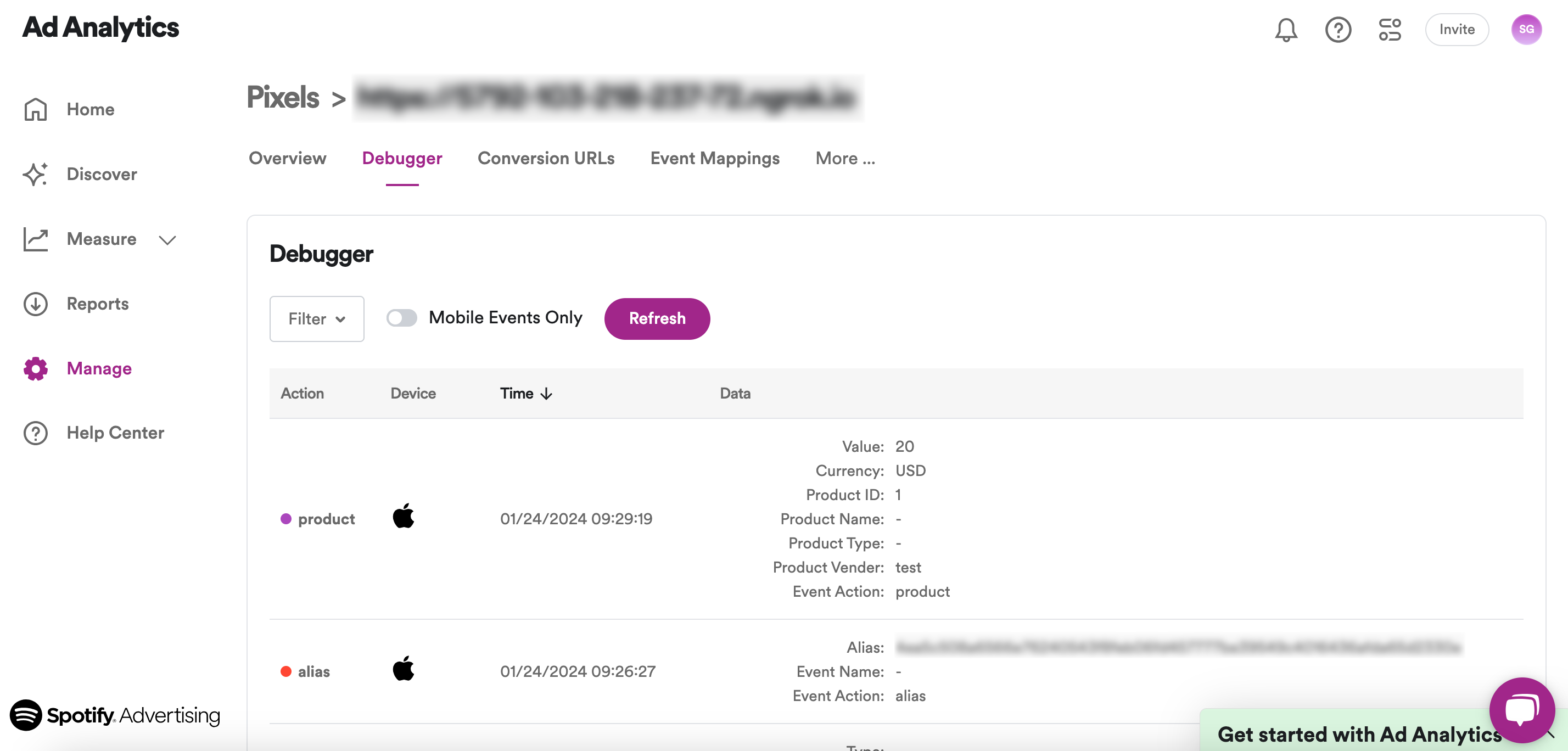 Alias calls made to Spotify Pixel