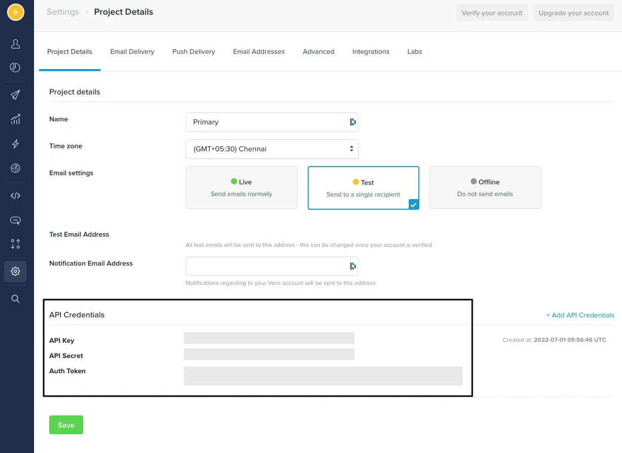 Vero auth token and api key