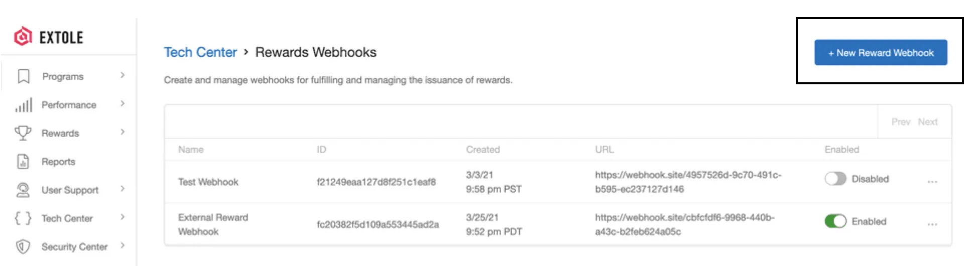 Extole new webhook
