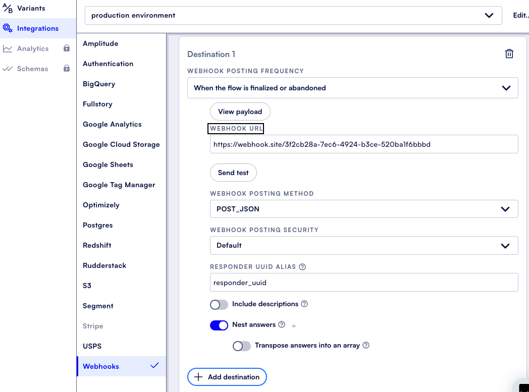 Formsort source webhook URL