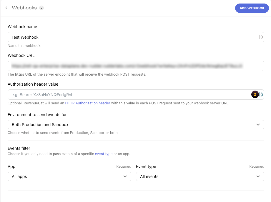 RevenueCat webhook configuration