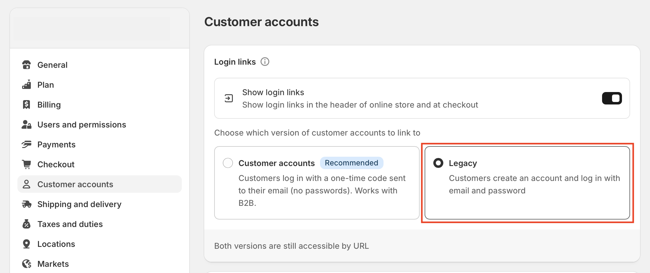 Legacy customer accounts version