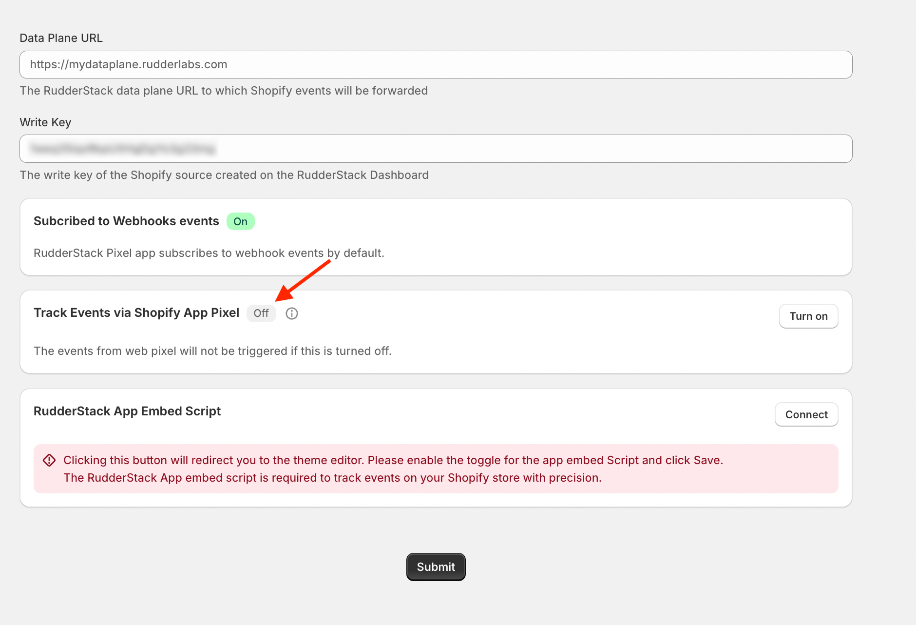 RudderStack Pixel app settings