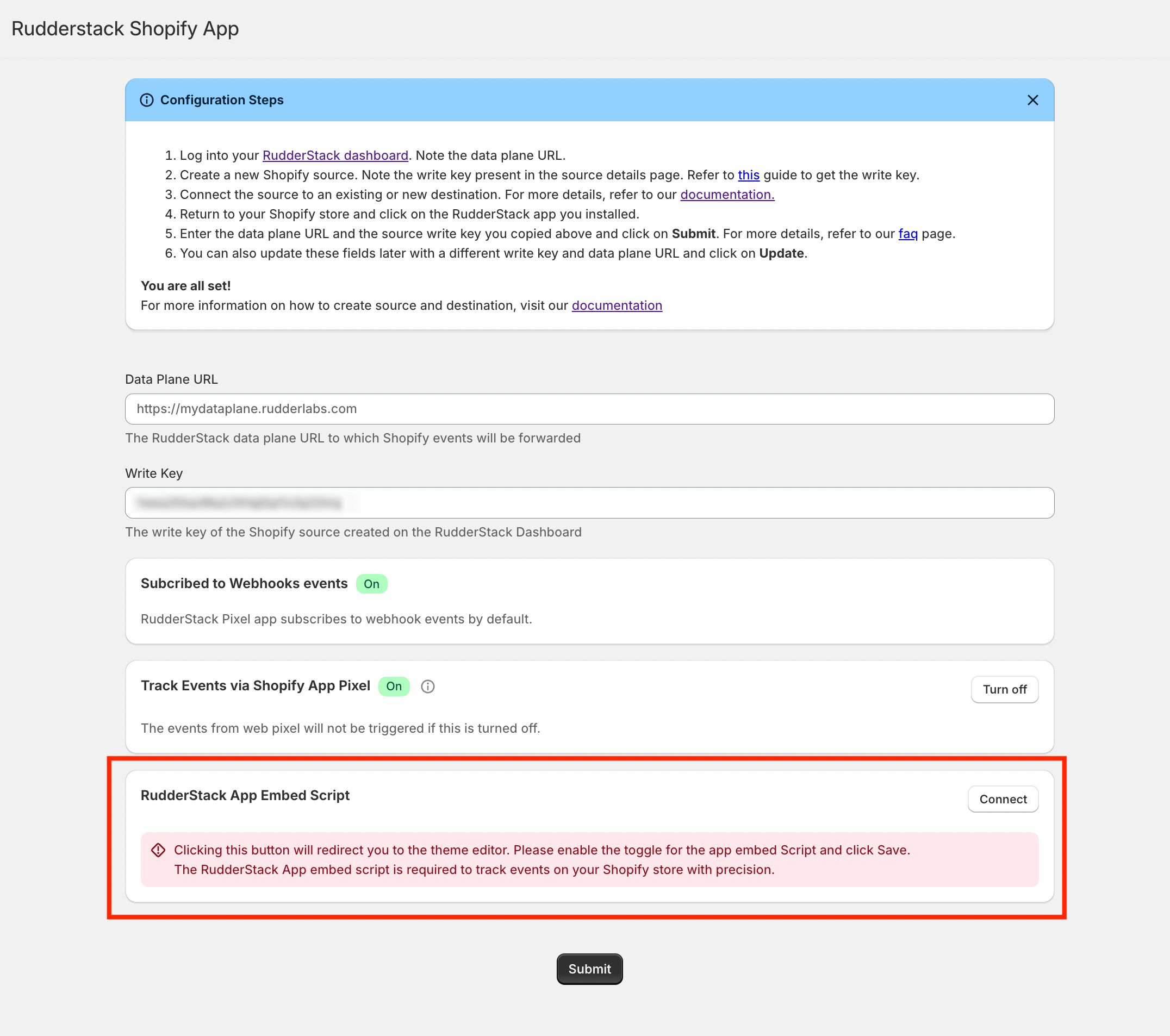 RudderStack App Embed Script setting