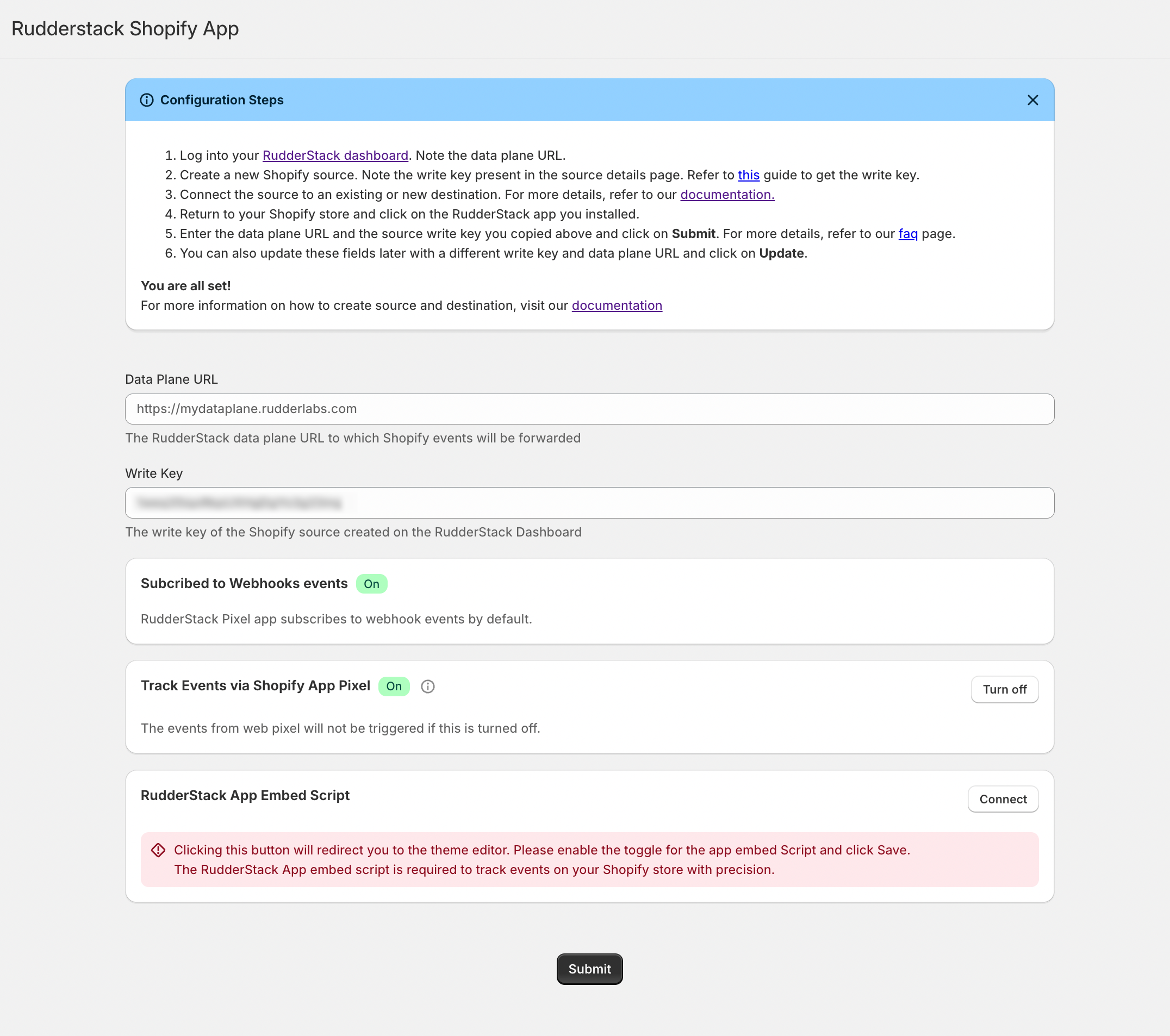 RudderStack Pixel app settings