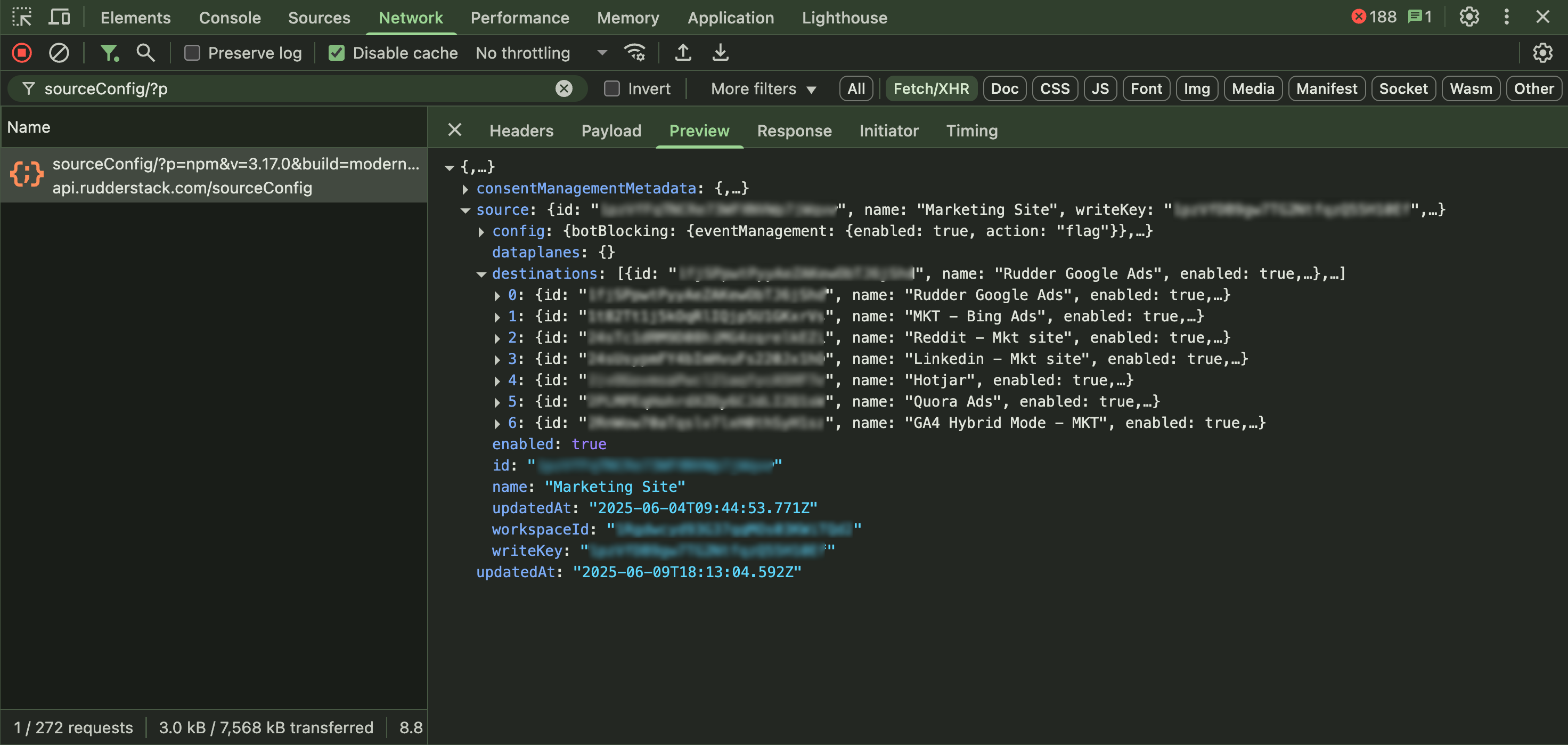 Source configuration response from the JavaScript SDK