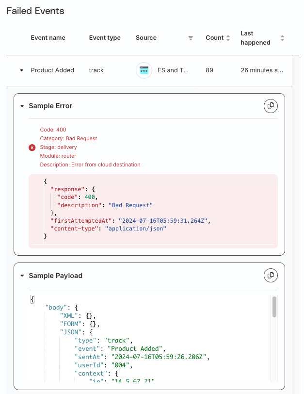 Event payload and sample error