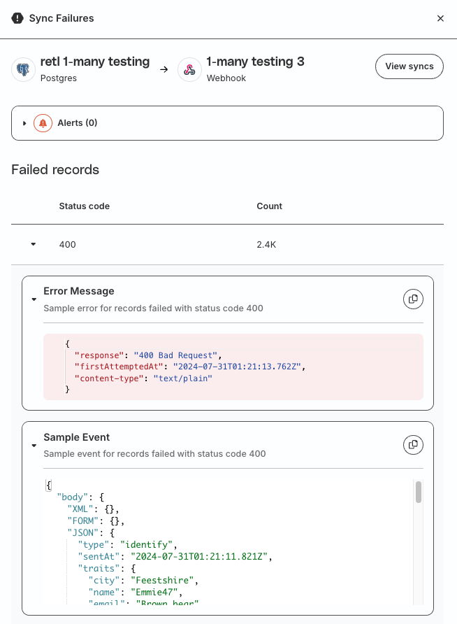 Failure details for RETL source
