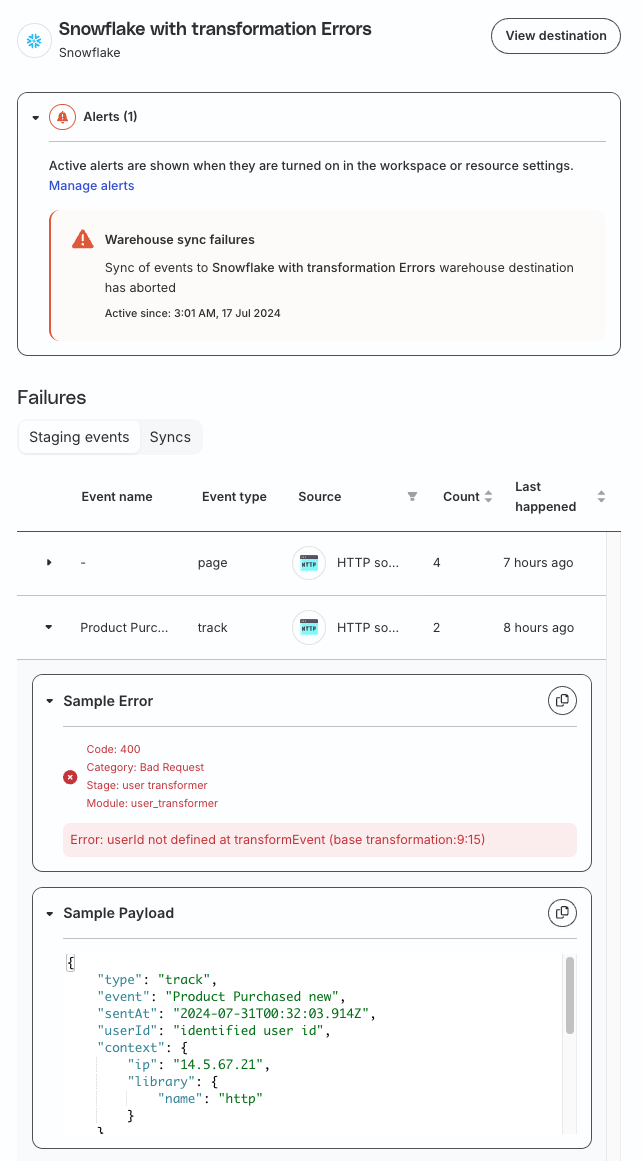 Warehouse destination staging error and sample payload