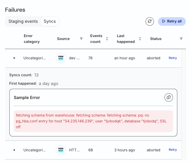 Sample error for warehouse syncs
