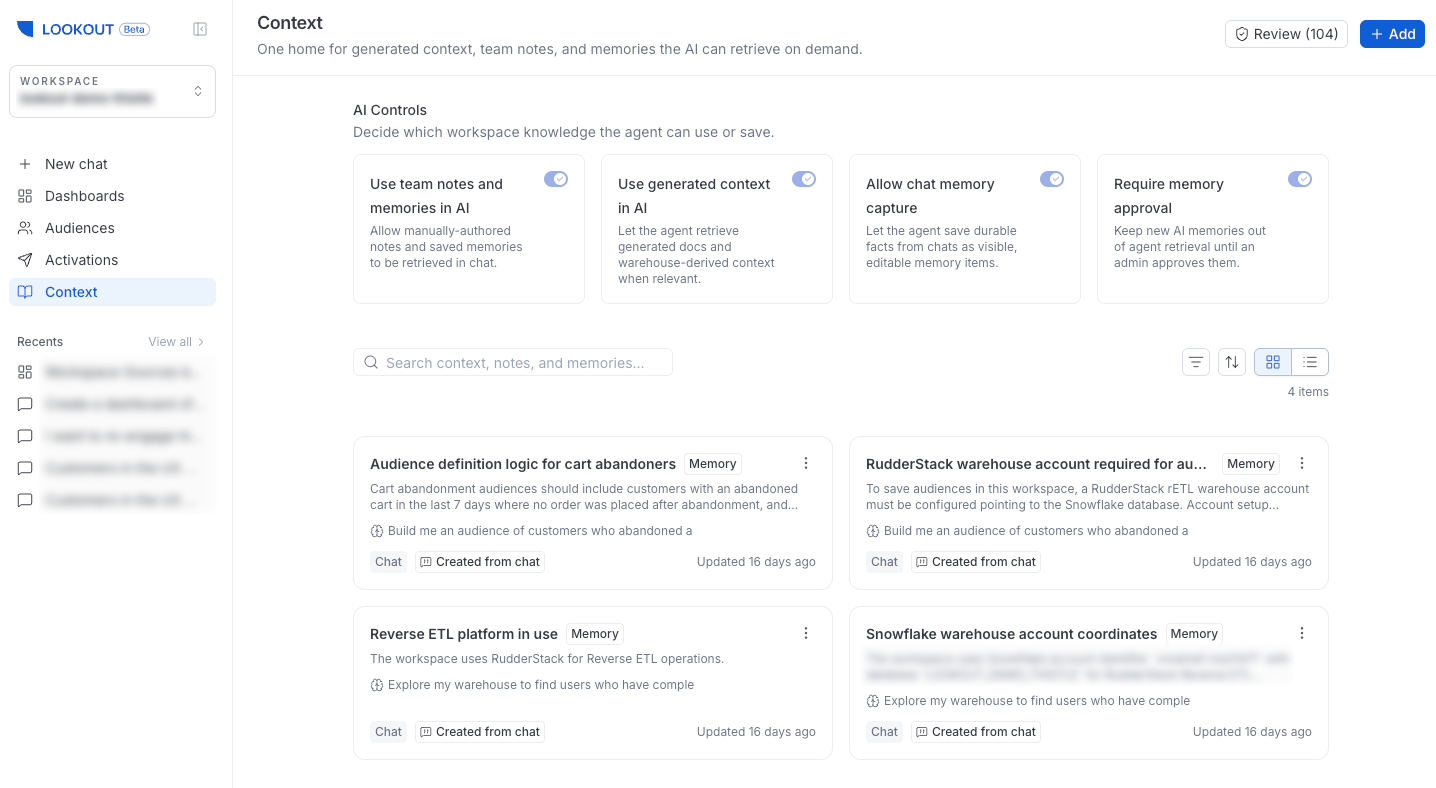 The Context Hub showing generated docs, notes, and memories