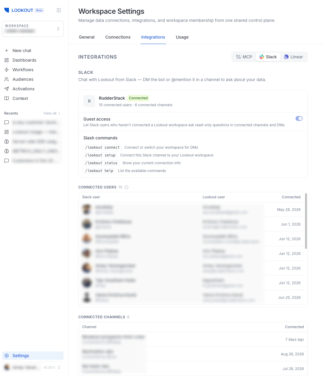Slack connection settings in Lookout