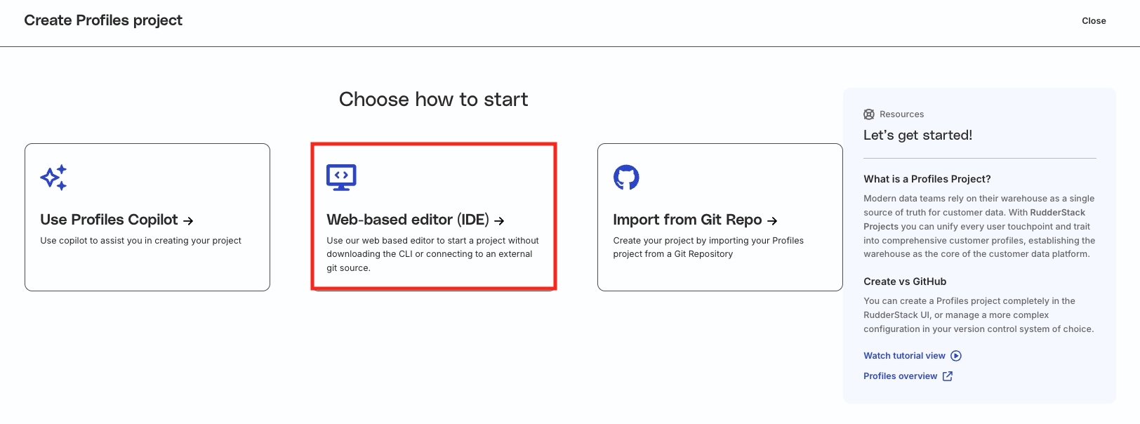 Web-based Editor method for creating Profiles project