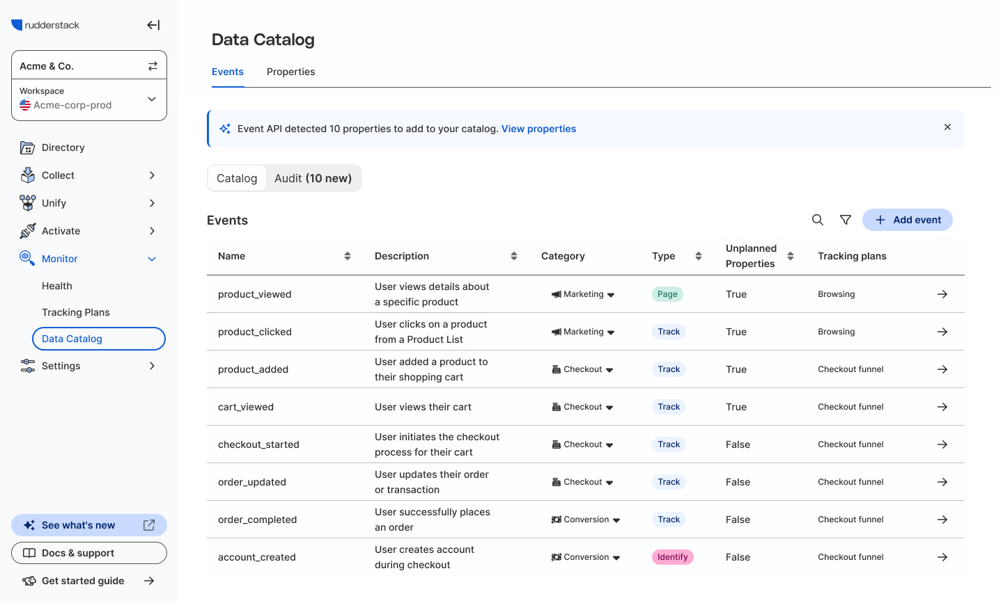 RudderStack Data Catalog screenshot