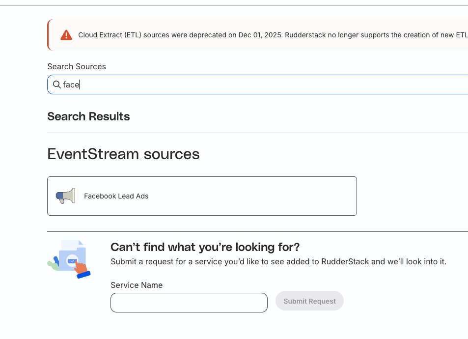 Searching for the Facebook Lead Ads source in the RudderStack dashboard