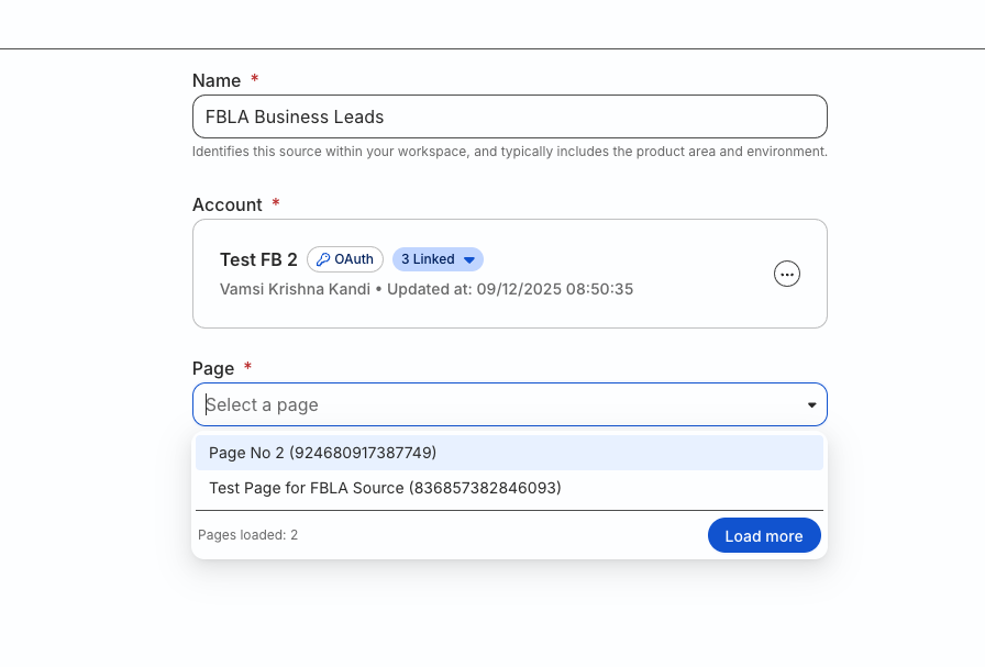 Selecting the Facebook page the source will ingest lead events from