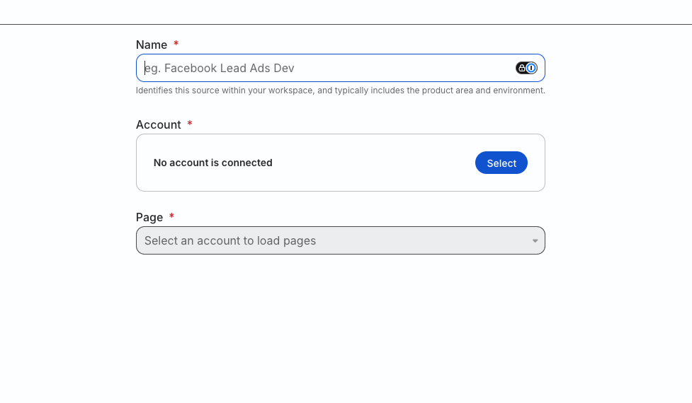 Naming the Facebook Lead Ads source and connecting an OAuth account in the RudderStack dashboard
