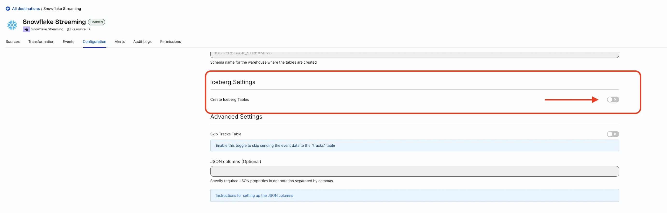 Toggle on Create Iceberg Tables in the RudderStack dashboard