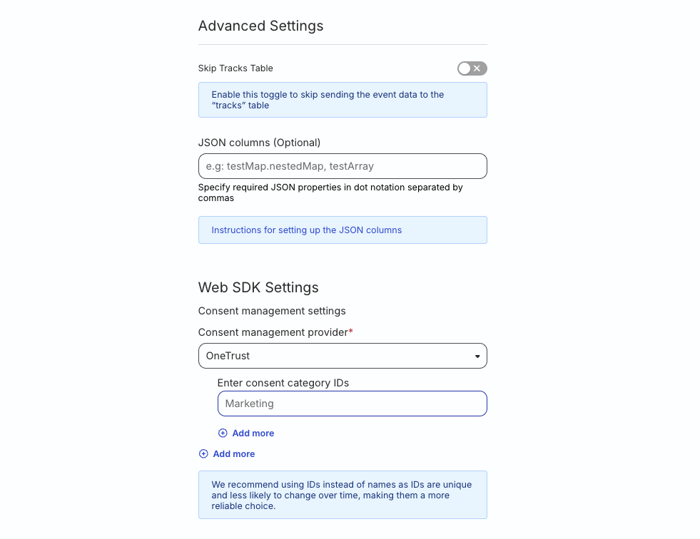 Configure advanced settings for the destination