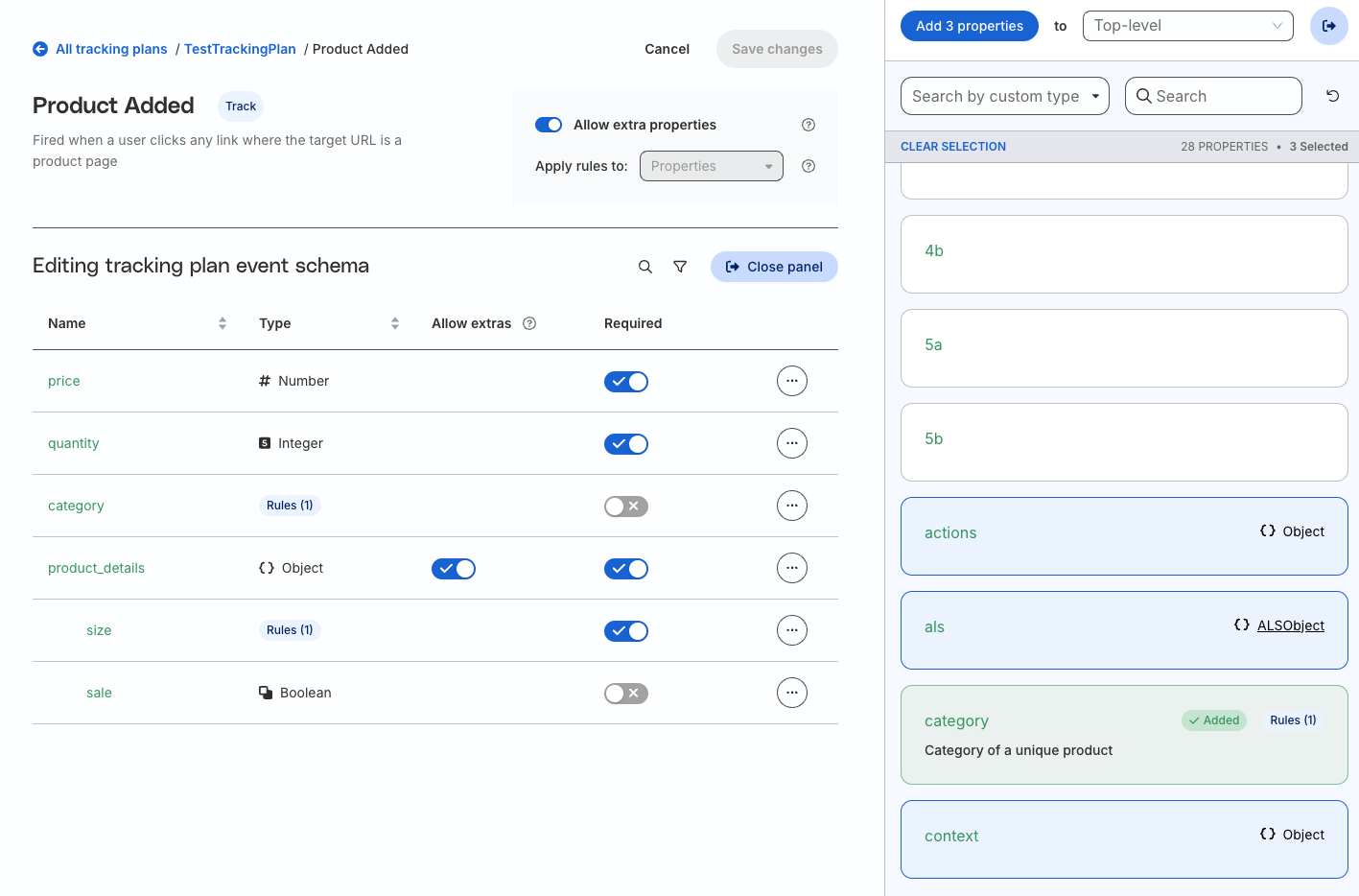 Tracking Plan schema editing property selection