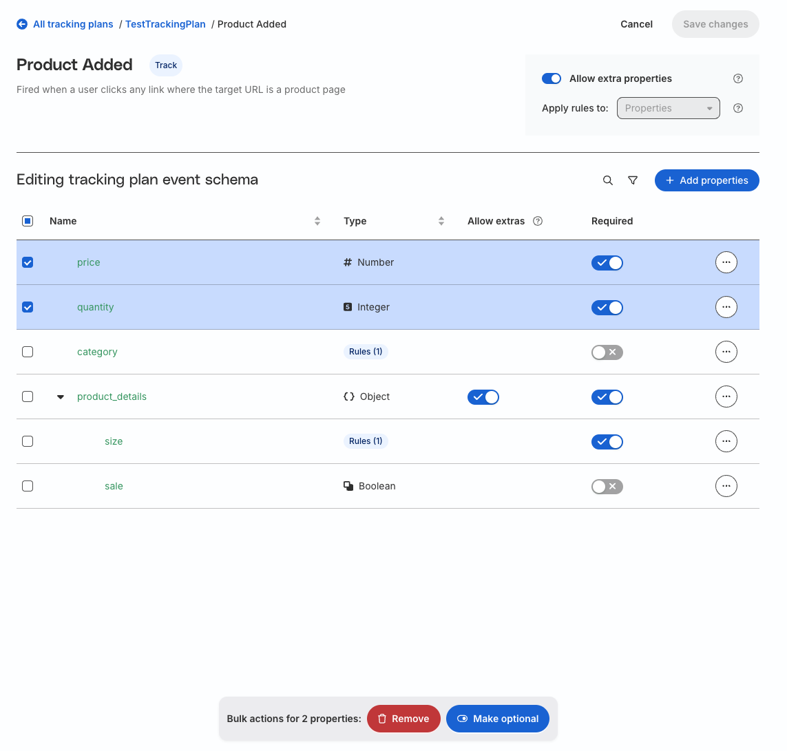 Tracking Plan schema editing