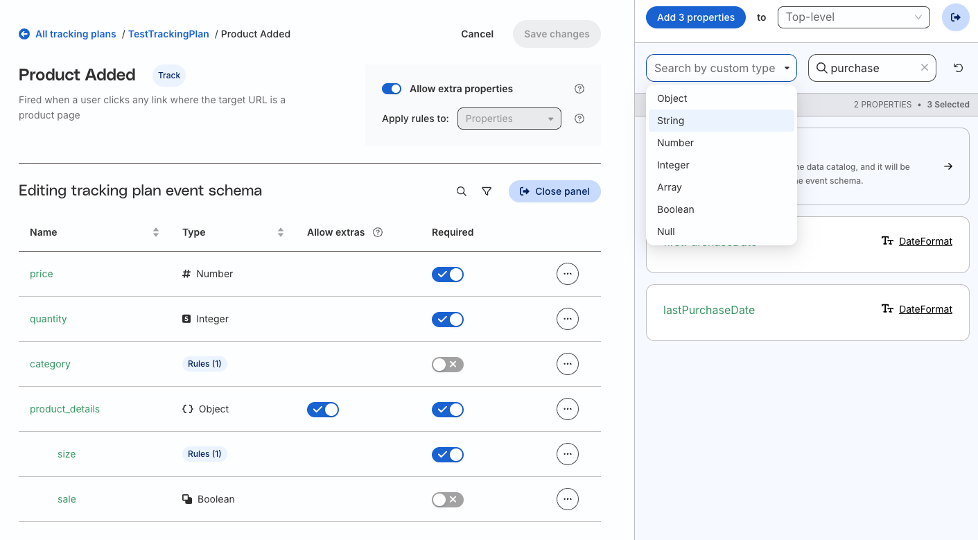 Tracking Plan schema editing property search