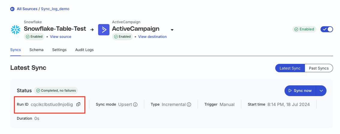 Reverse ETL connection sync run ID