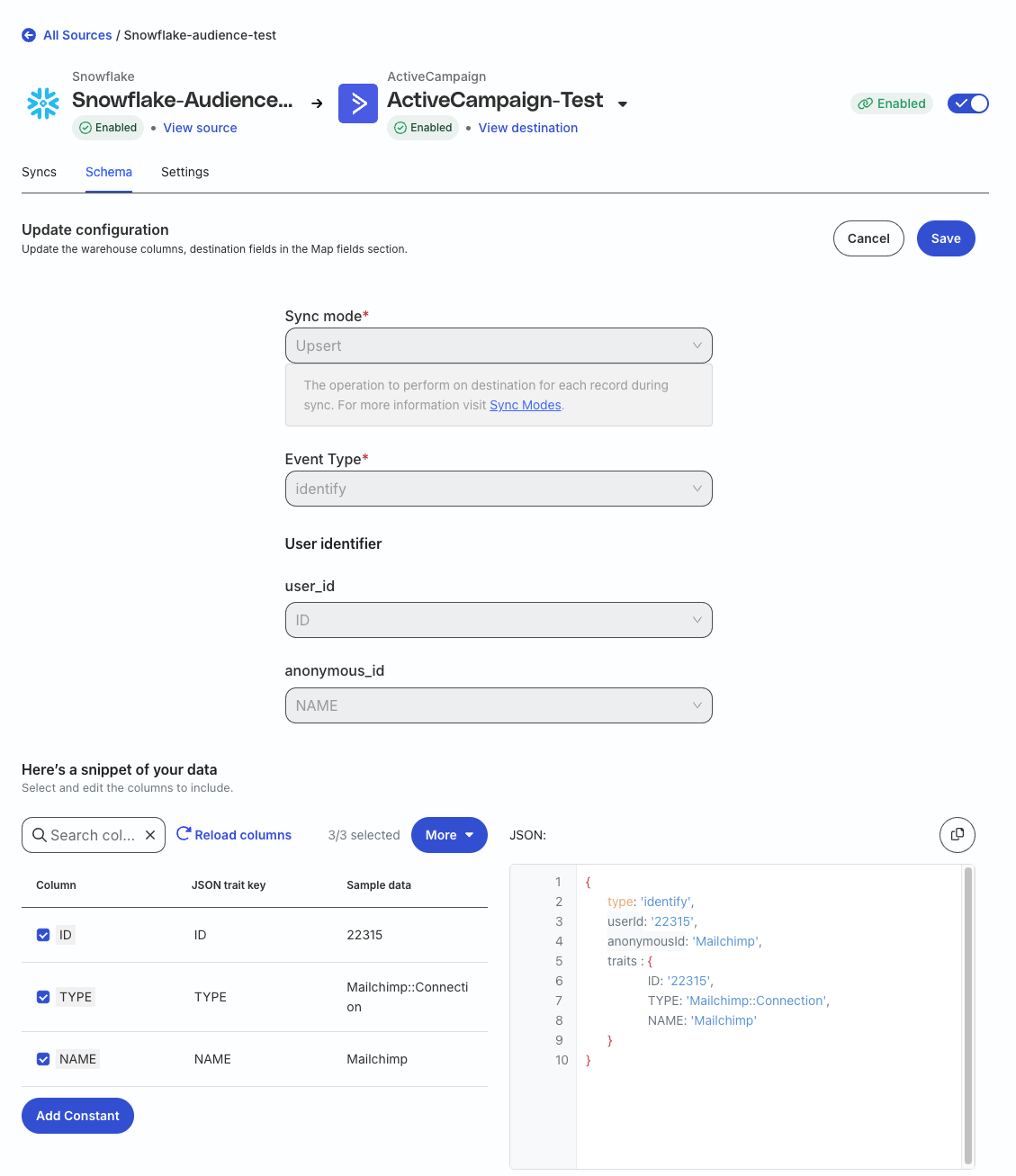 Update connection configuration