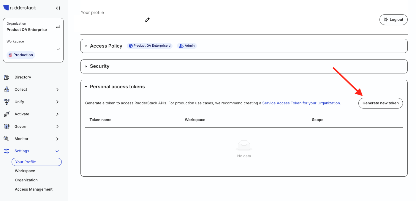 New Personal Access Token in RudderStack dashboard