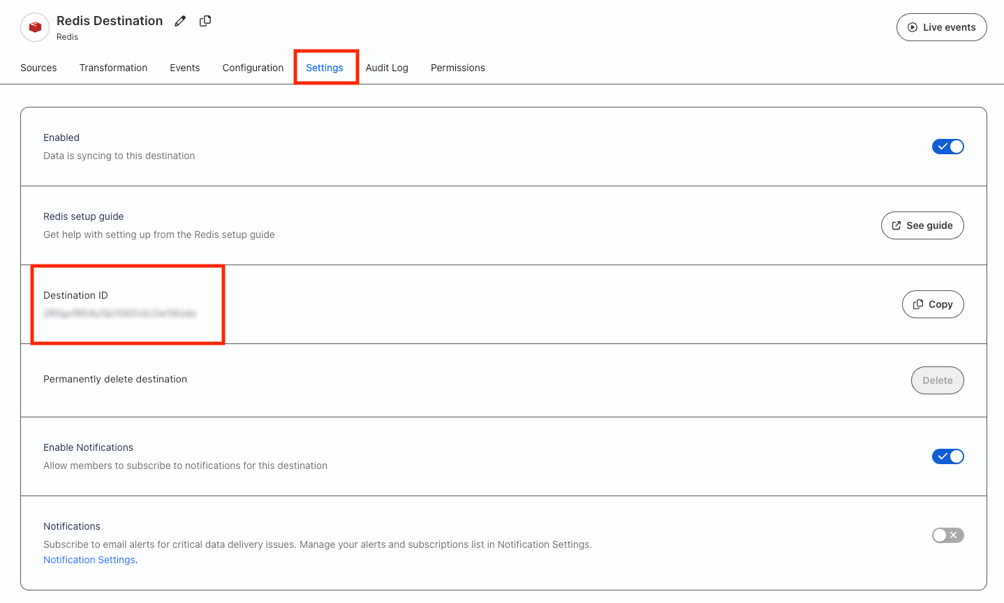 Redis destination ID