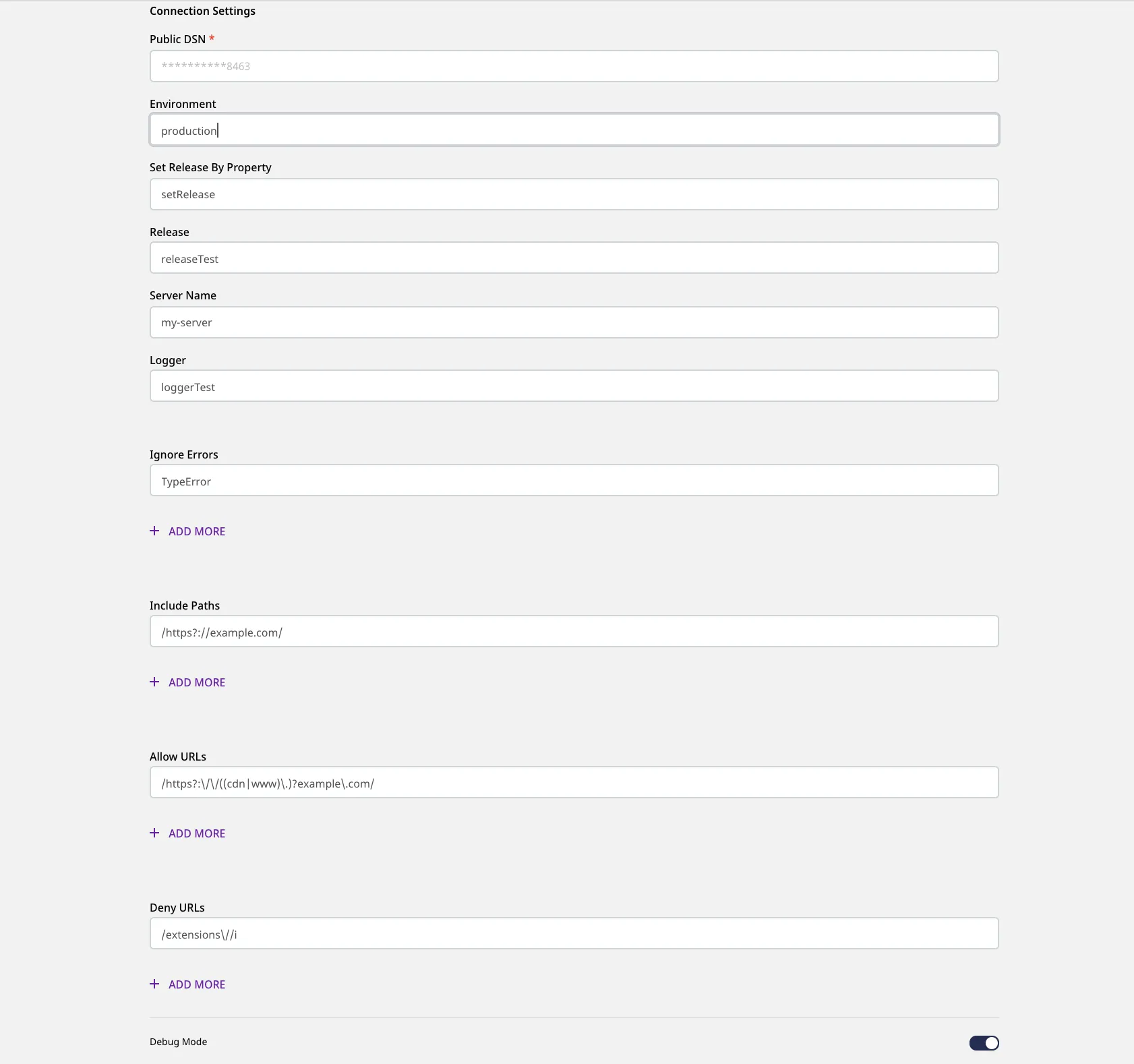 Configuration settings for sentry
