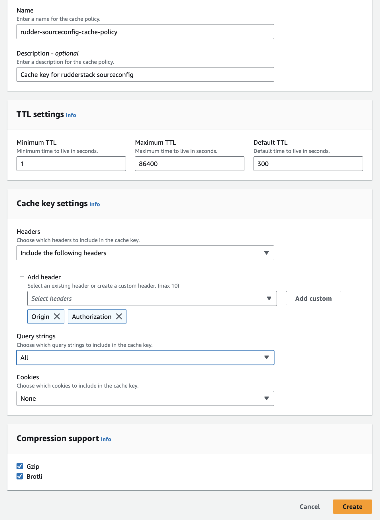 Custom domains cache policy settings