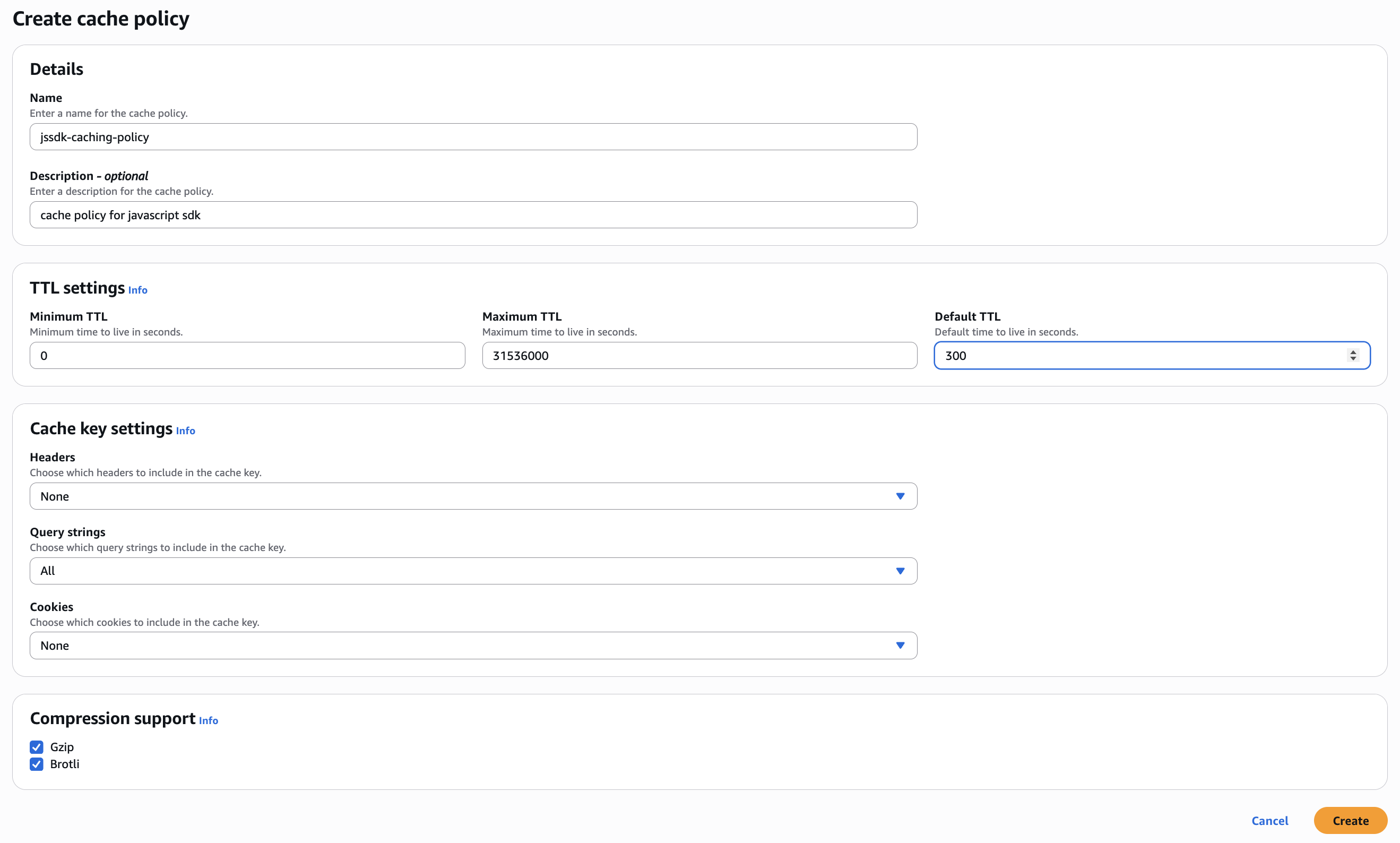 Cache policy settings for serving JS SDK