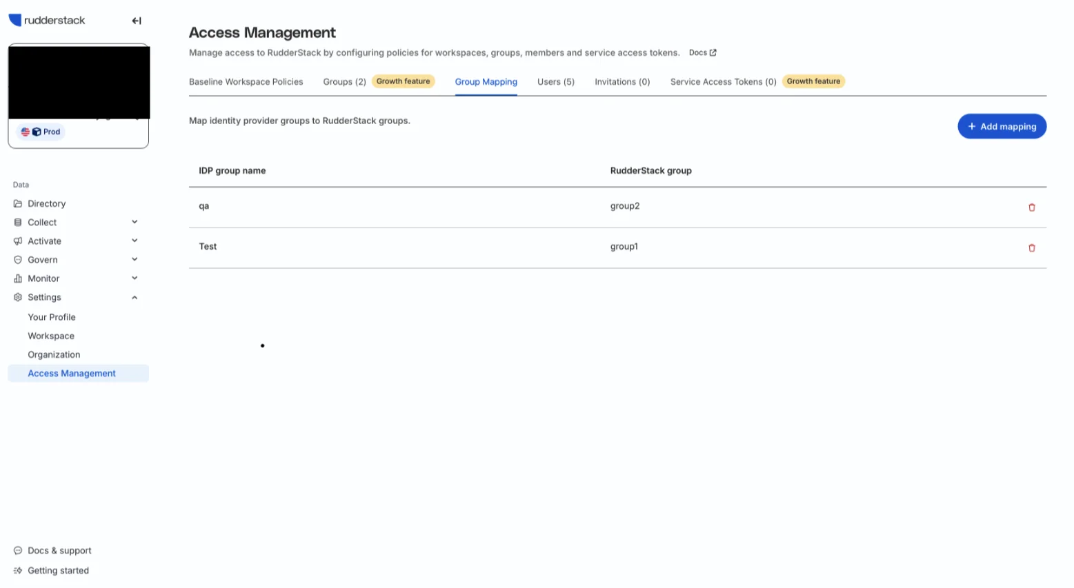 Group mapping list in Access Management