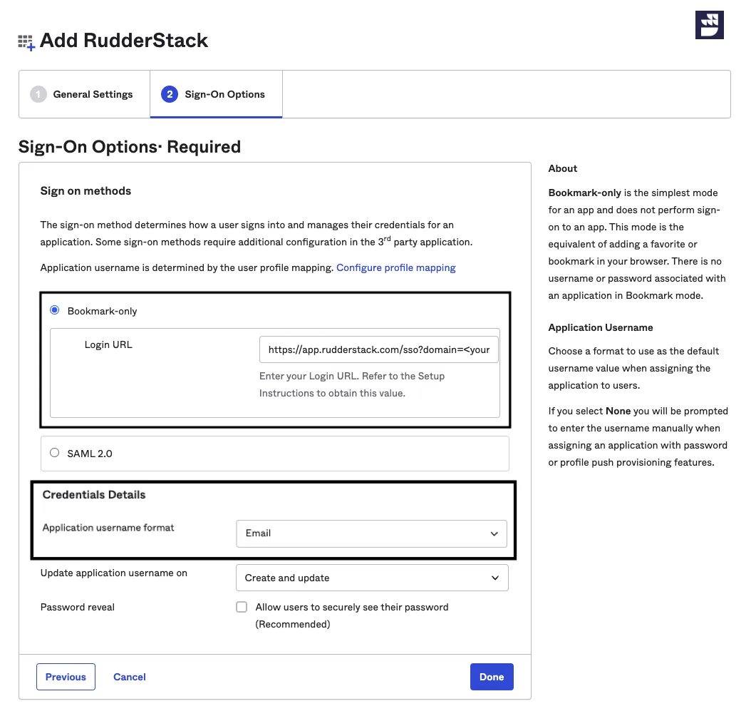 Bookmark sign on method and Login URL